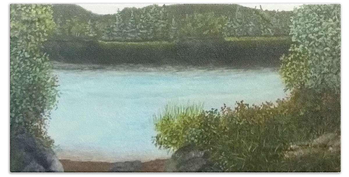 Lake Bath Towel featuring the painting Peaceful morning. by Peggy Miller