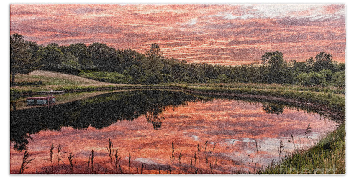 Sunrise Hand Towel featuring the photograph Peaceful Pond Sunset by Joann Long