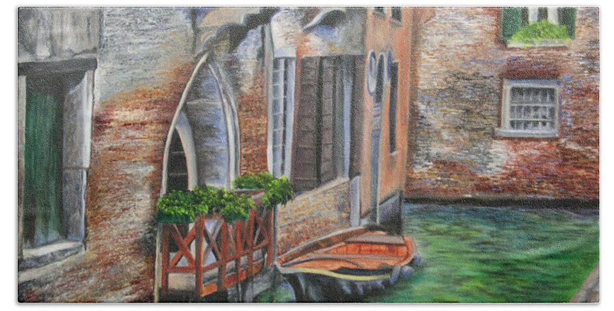 Venice Paintings Bath Towel featuring the painting Peaceful Venice Canal by Charlotte Blanchard