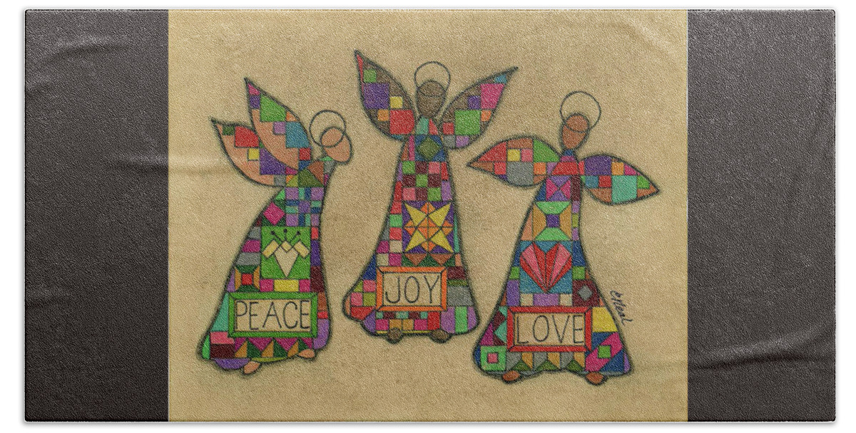 Peace Bath Towel featuring the drawing Peace,Joy,Love by Carol Neal
