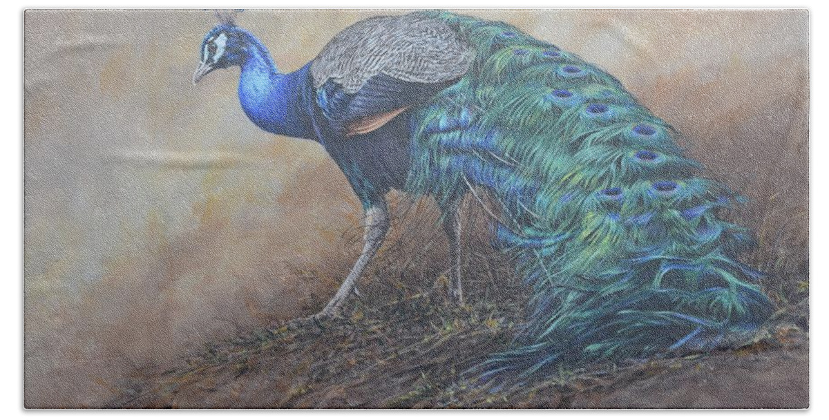 Wildlife Paintings Hand Towel featuring the painting Peacock by Alan M Hunt