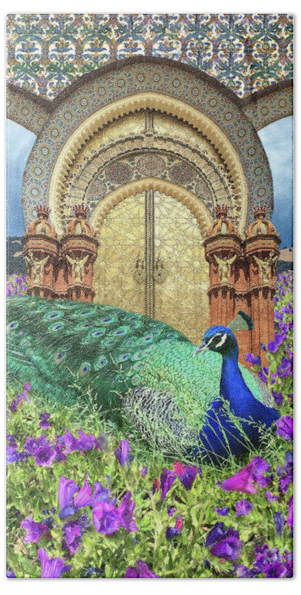 Peacock Bath Towel featuring the digital art Peacock Gate by Lucy Arnold