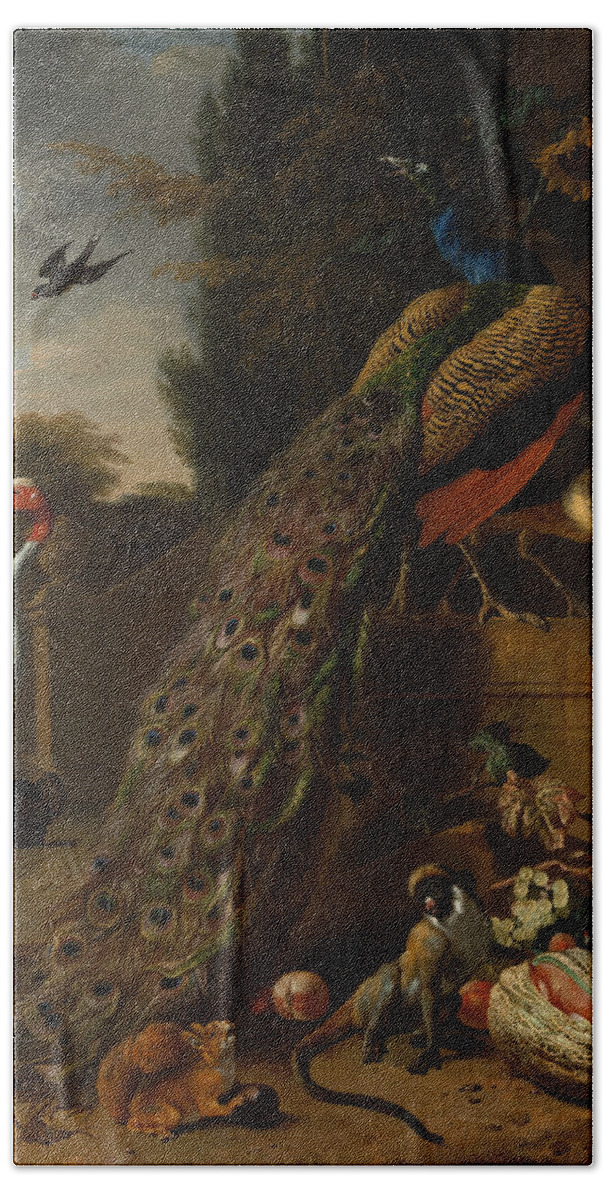 Melchior D'hondecoeter Hand Towel featuring the painting Peacocks by Melchior d'Hondecoeter