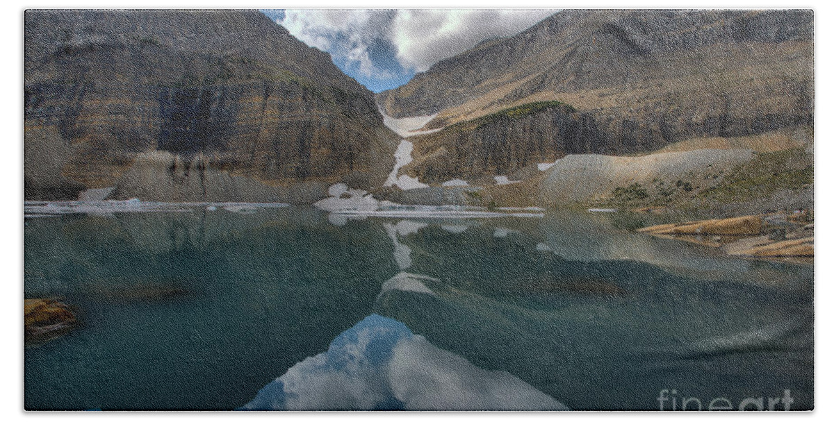 Grinnell Glacier Hand Towel featuring the photograph Peaks Meet At Grinnell Pond by Adam Jewell
