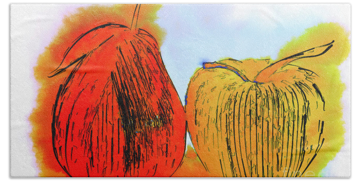 Still-life Bath Towel featuring the digital art Pear And Apple Watercolor by Kirt Tisdale