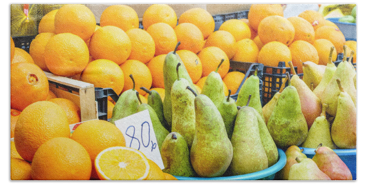 Pyatigorsk Bath Towel featuring the photograph Pears and oranges by Alexey Stiop