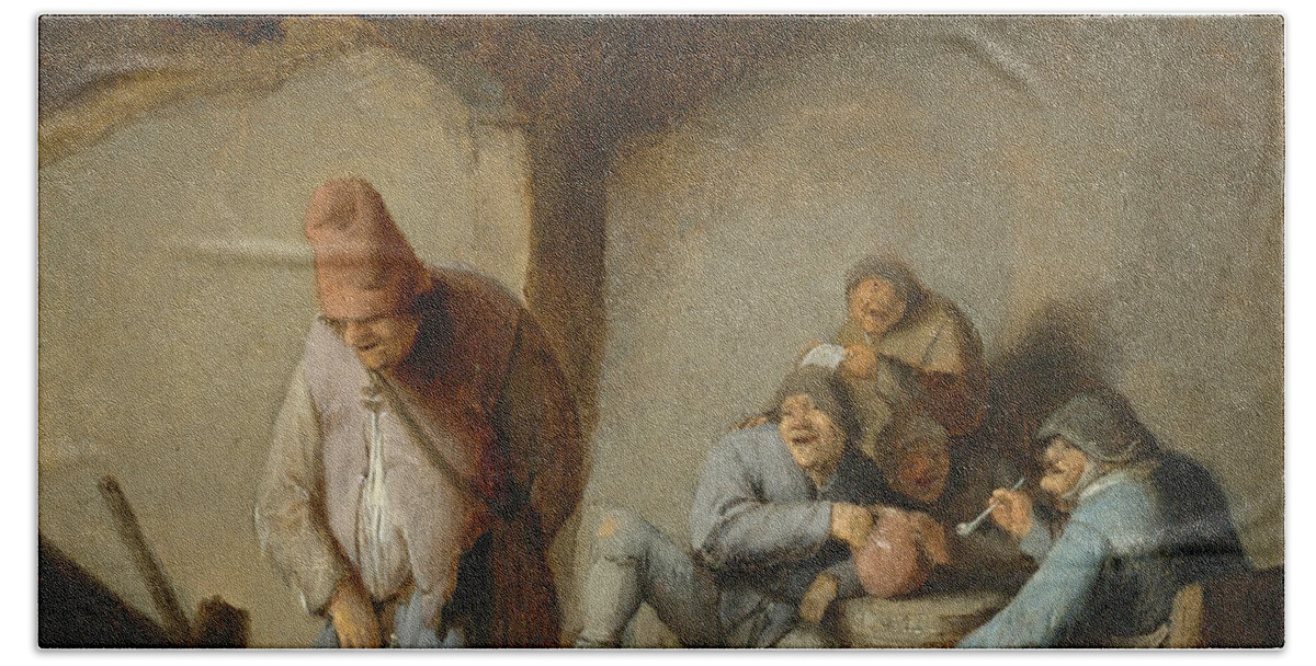 Adriaen Van Ostade Bath Towel featuring the painting Peasants in the Interior of an Inn by Adriaen van Ostade