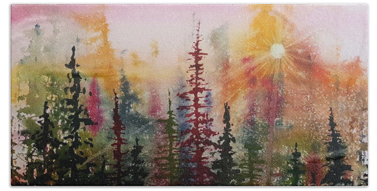Pine Trees Bath Towel featuring the painting Peeking into Heaven by Lisa Debaets
