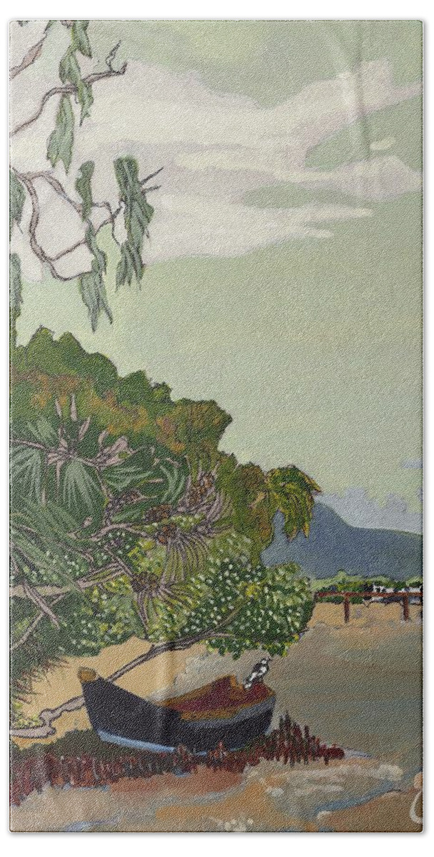 Noosa & Nearby Bath Towel featuring the painting Peewee Punt - Noosa Riverside by Joan Cordell