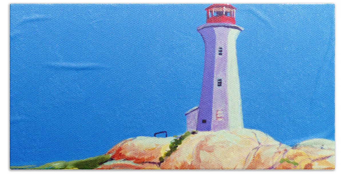 Peggy's Cove Bath Towel featuring the painting Peggy's Cove Lighthouse by Anne Marie Brown