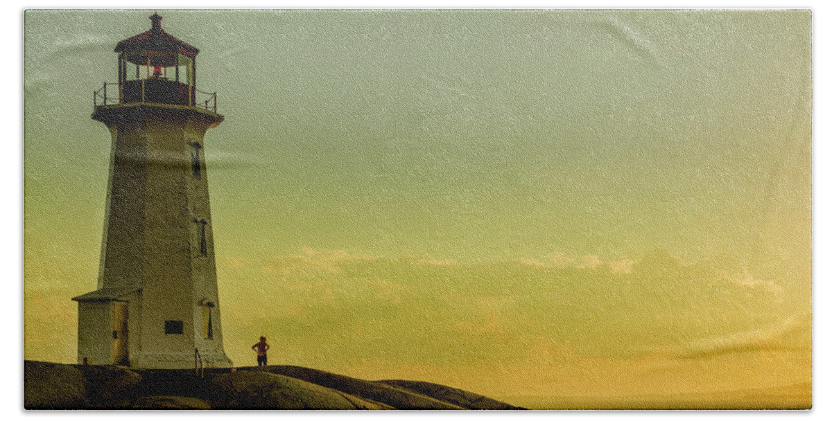 2016 Hand Towel featuring the photograph Peggys Cove Lighthouse at Sunset by Ken Morris