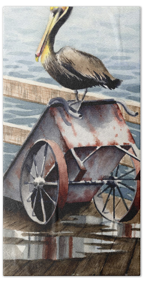 Pelican Hand Towel featuring the painting Pelican Cart by David Rogers