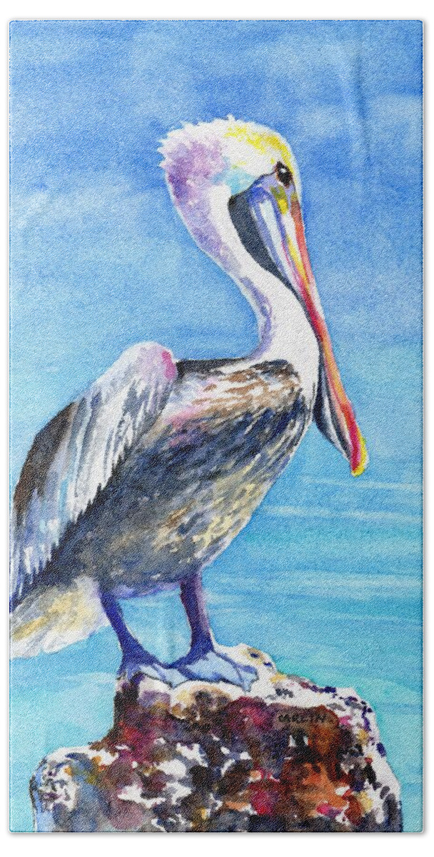 Pelican Hand Towel featuring the painting Pelican on a Post by Carlin Blahnik CarlinArtWatercolor