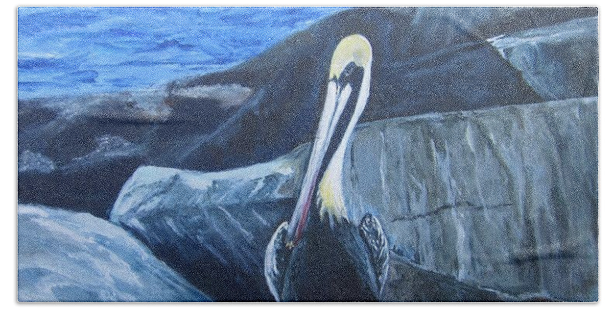 Pelican Bath Towel featuring the painting Pelican On The Rocks by Paula Pagliughi