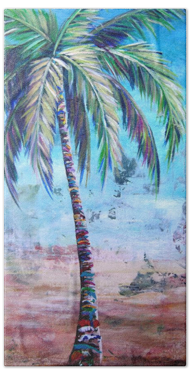 Blue Bath Towel featuring the painting Pelican Palm I by Kristen Abrahamson