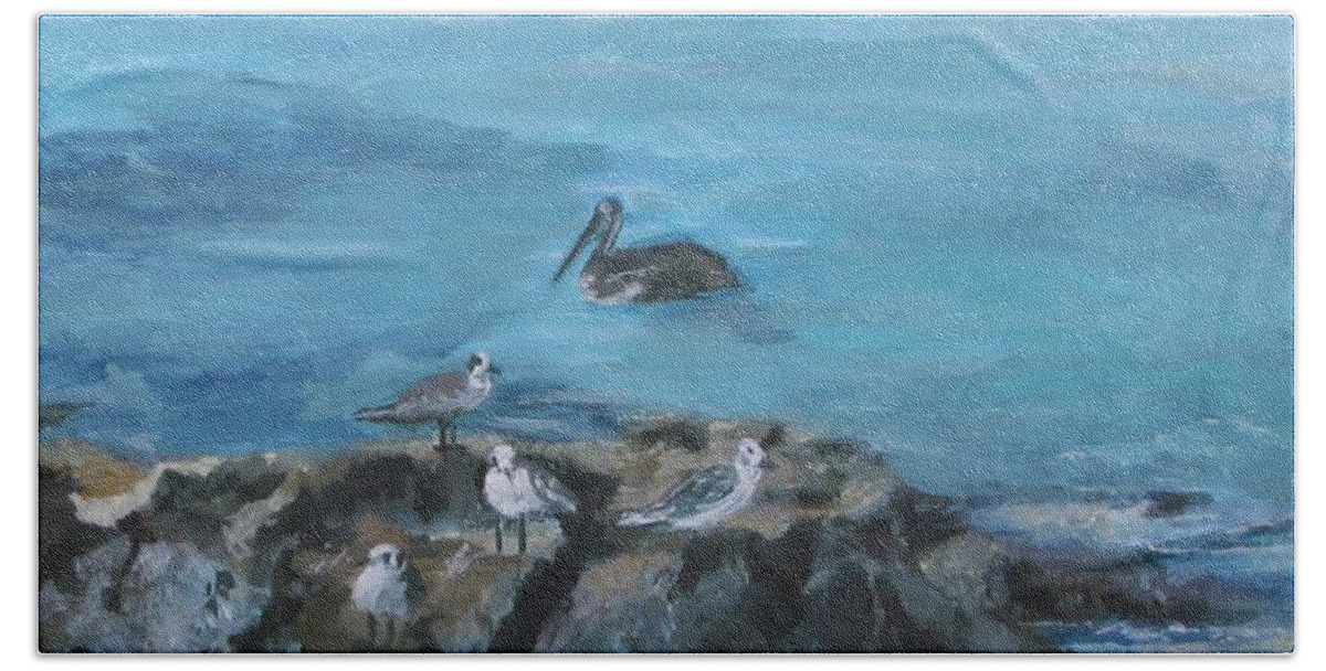 Pelican Bath Towel featuring the painting Pelican Patrol by Paula Pagliughi