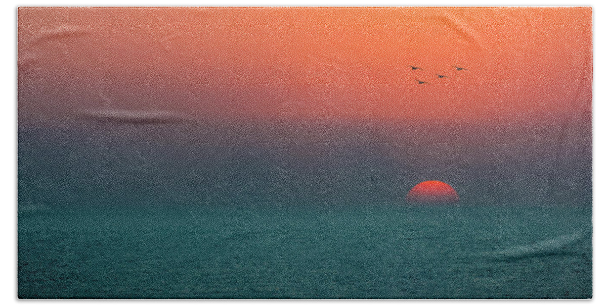 Florida Bath Towel featuring the photograph Pelican Squad At Sunset by David Downs