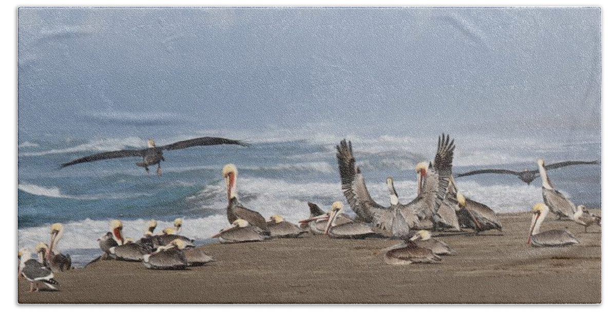 Brown Pelicans Bath Towel featuring the photograph Pelicans at the Beach by Christy Pooschke