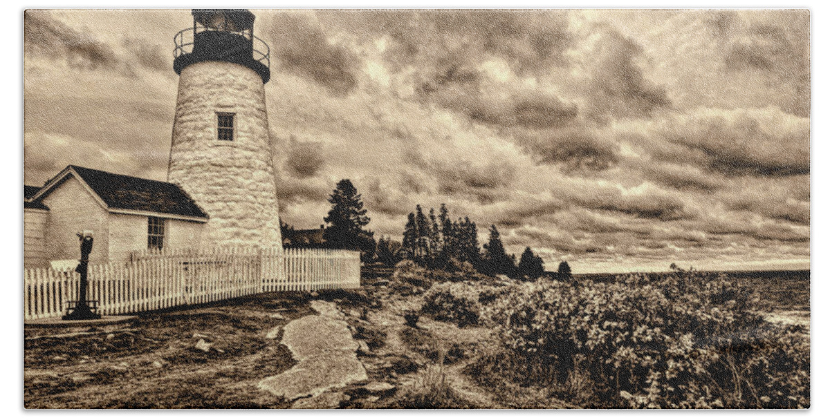 Lighthouse Bath Towel featuring the photograph Pemaquid Point Lighthouse Stormy Autumn day Sepia Antique distressed by David Smith