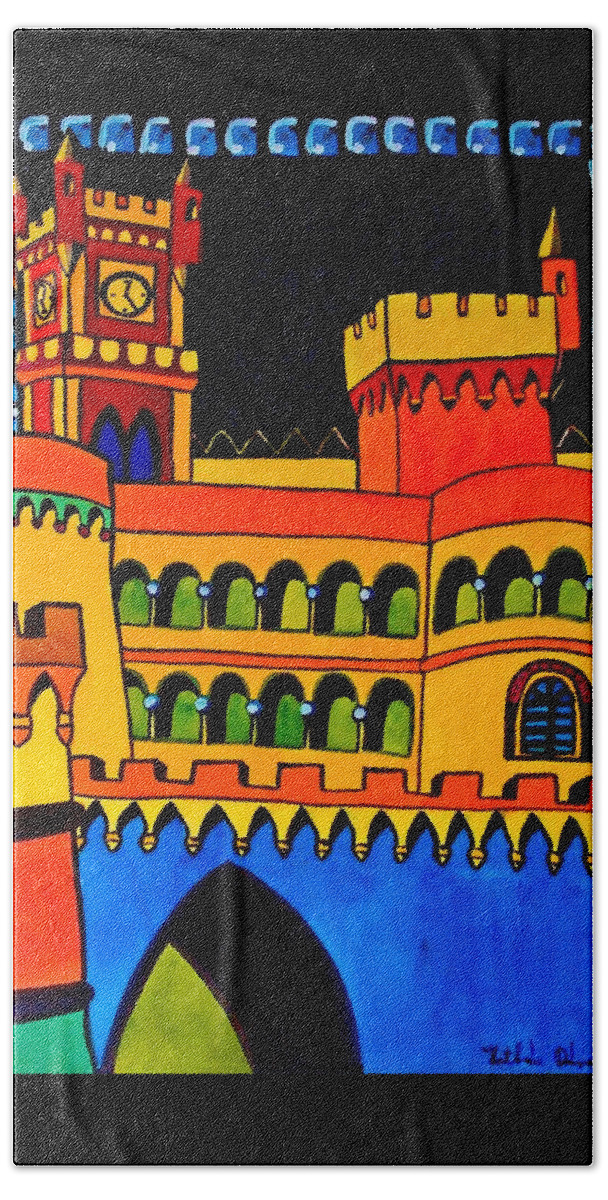Castle Hand Towel featuring the painting Pena Palace Portugal by Dora Hathazi Mendes