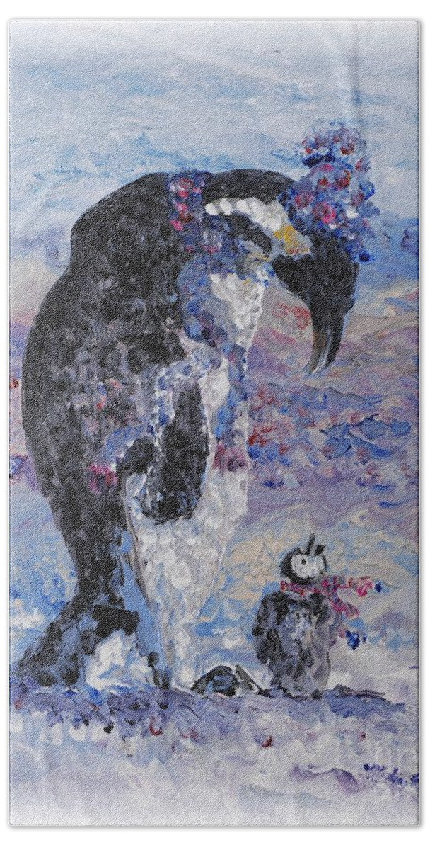 Penguins Winter Snow Blue Purple White Hand Towel featuring the painting Penguin Love by Nadine Rippelmeyer