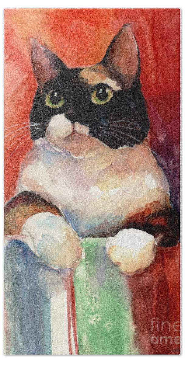 Calico Cat Bath Towel featuring the painting Pensive Calico Tubby Cat watercolor painting by Svetlana Novikova