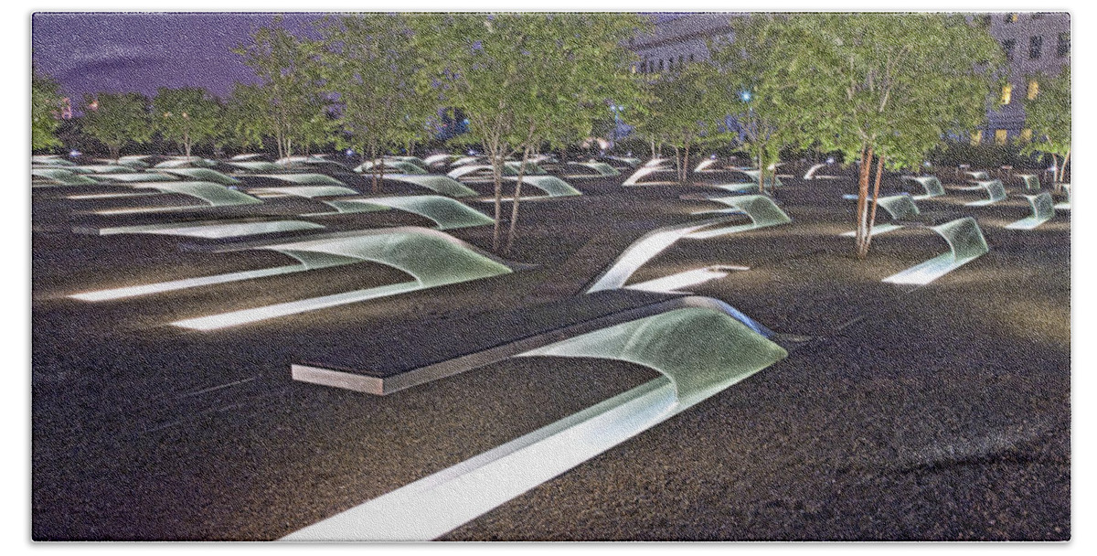 Pentagon Bath Towel featuring the photograph Pentagon Memorial to victims of September 11 by Brendan Reals