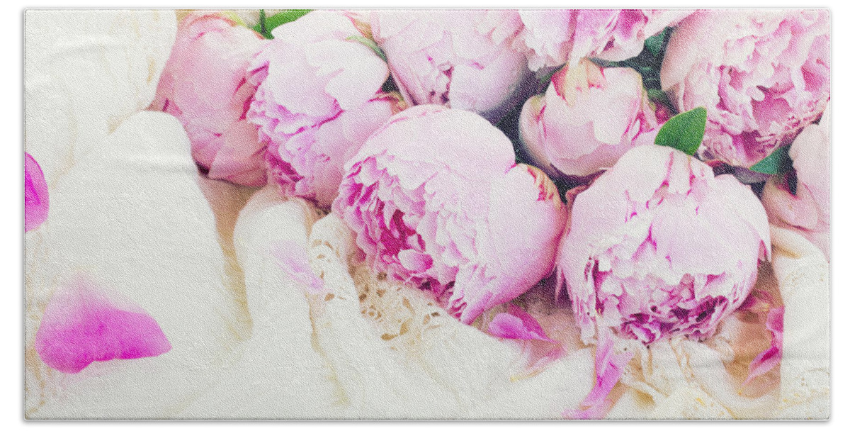 Romance Hand Towel featuring the photograph Peonies and Wedding Dress by Anastasy Yarmolovich