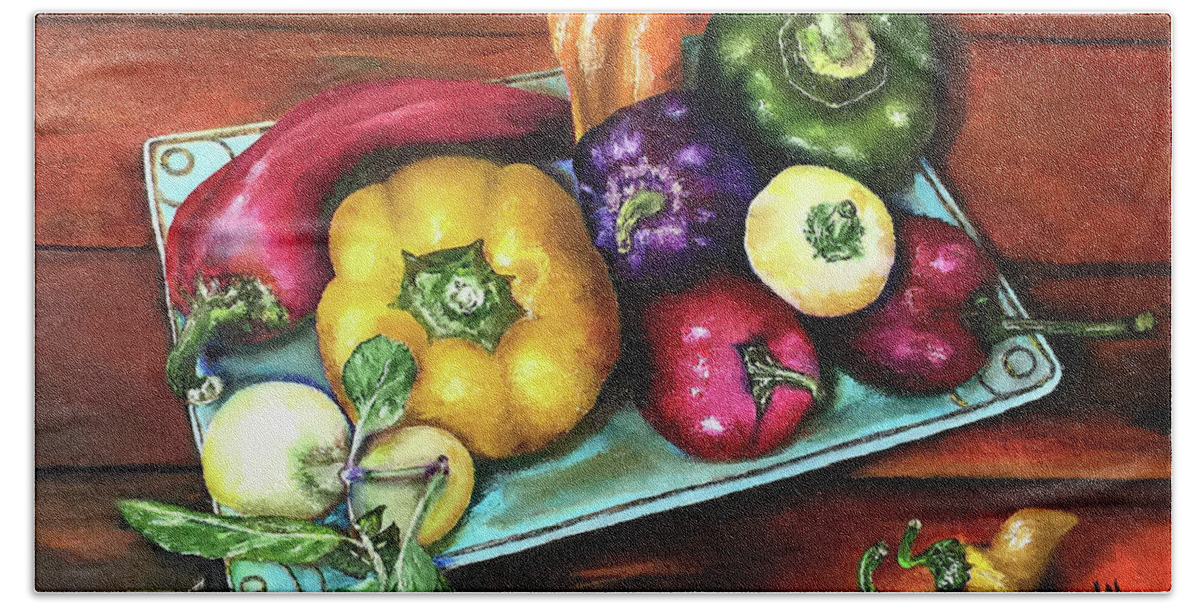 Still Life Hand Towel featuring the painting Peppers and a Turquoise Tray by Terry R MacDonald
