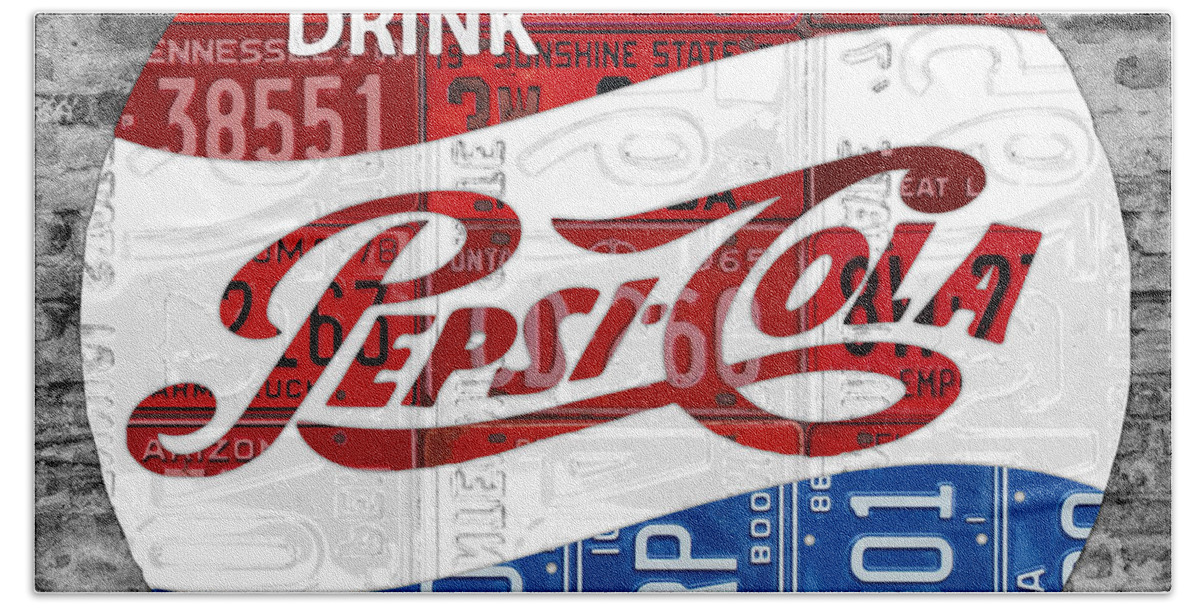Pepsi Hand Towel featuring the mixed media Pepsi Cola Vintage Logo Recycled License Plate Art on Brick Wall by Design Turnpike