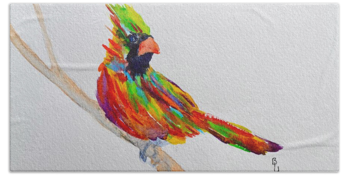 Cardinal Bath Towel featuring the painting Perch With Pride by Beverley Harper Tinsley