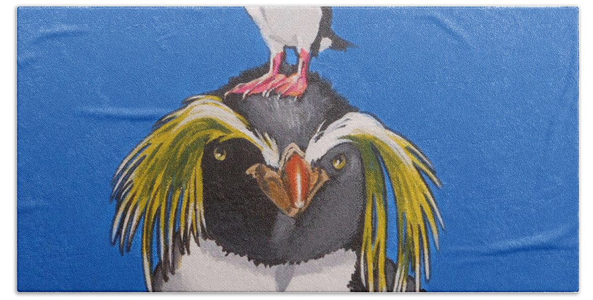 Penguin And Bird Hand Towel featuring the painting Percy the Penguin by Sharon Cromwell