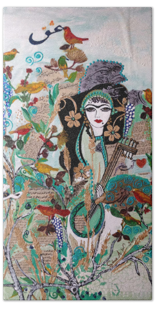 Mixed Media Hand Towel featuring the painting Persian painting # 2 by Sima Amid Wewetzer
