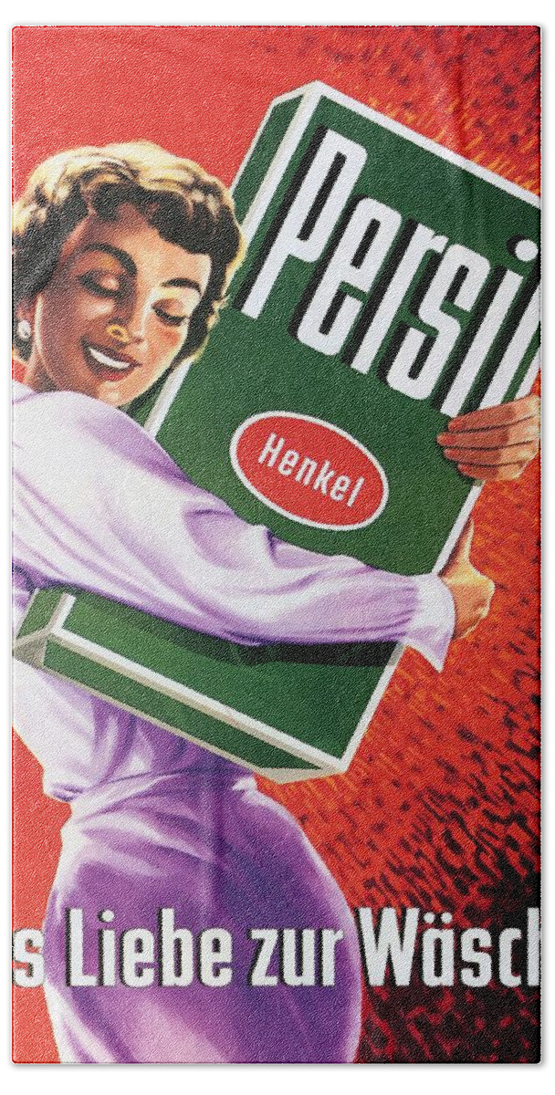 Vintage Hand Towel featuring the mixed media Persil - Henkel - Vintage Advertising Poster by Studio Grafiikka