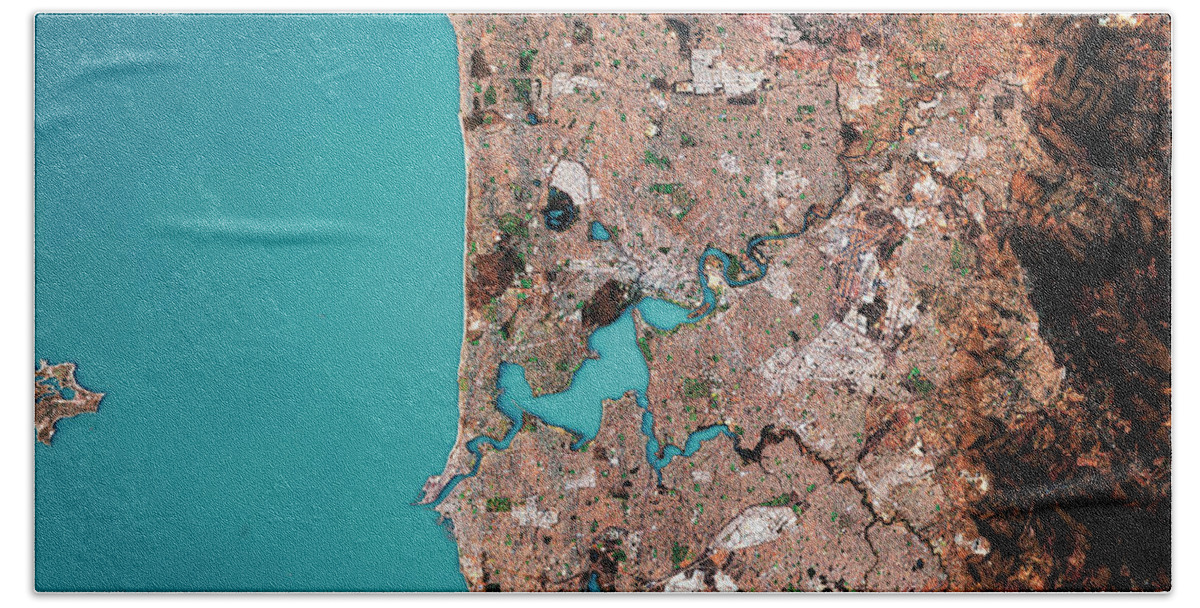 Perth Hand Towel featuring the digital art Perth 3D Render Satellite View Topographic Map by Frank Ramspott