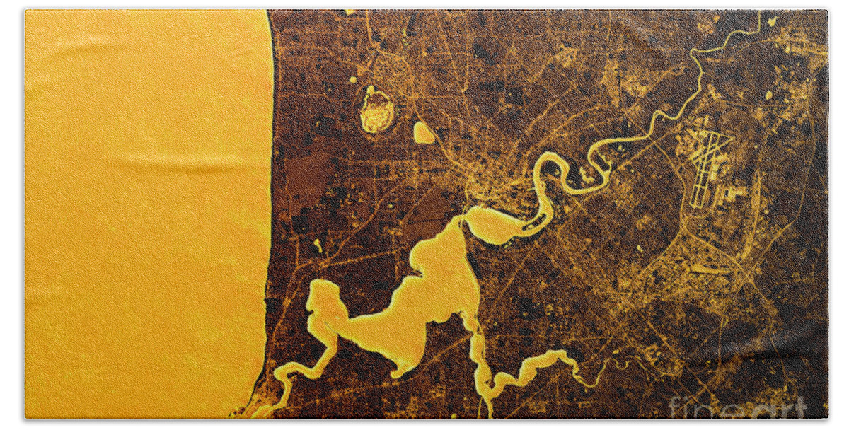 Perth Hand Towel featuring the digital art Perth Abstract City Map Golden by Frank Ramspott