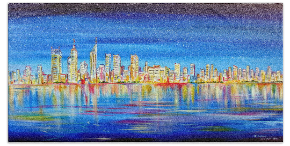 Perth Hand Towel featuring the painting Perth Skyline on the Swan by Roberto Gagliardi