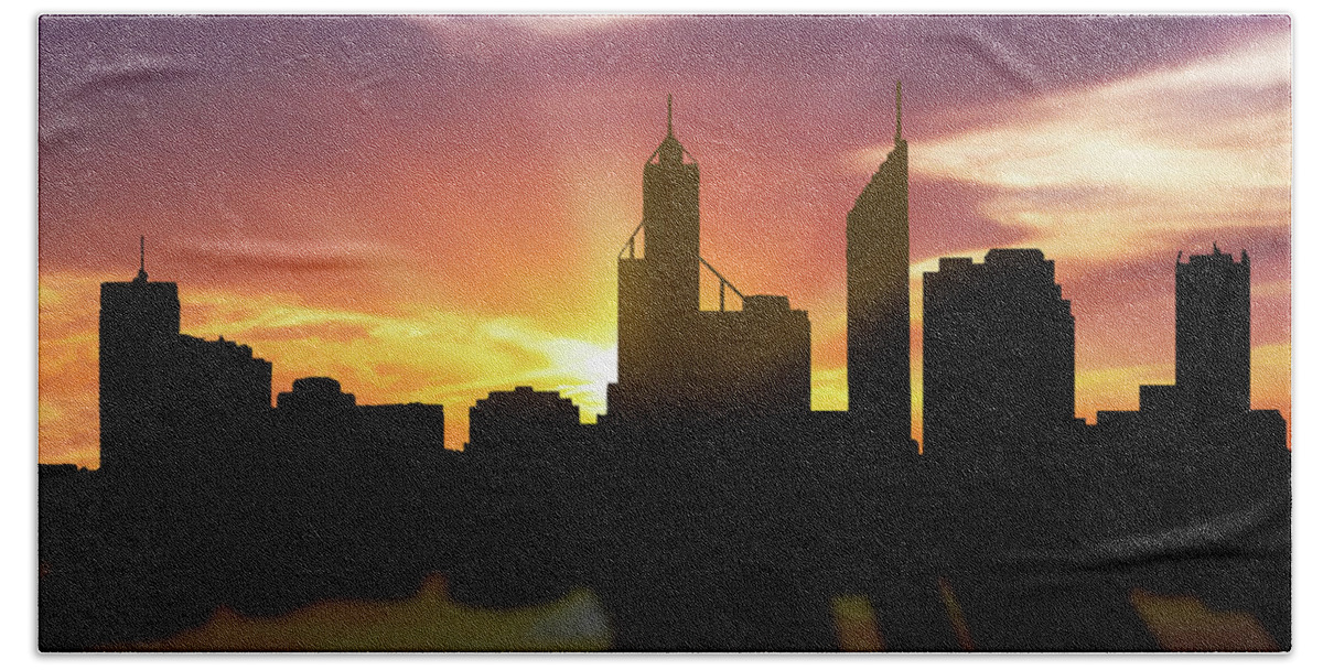 Perth Hand Towel featuring the digital art Perth Skyline Sunset AUPE22 by Aged Pixel