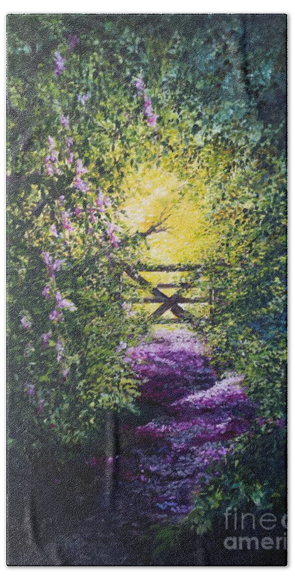 Inspirational Bath Towel featuring the painting Petal strewn pathway, into the light by Lizzy Forrester