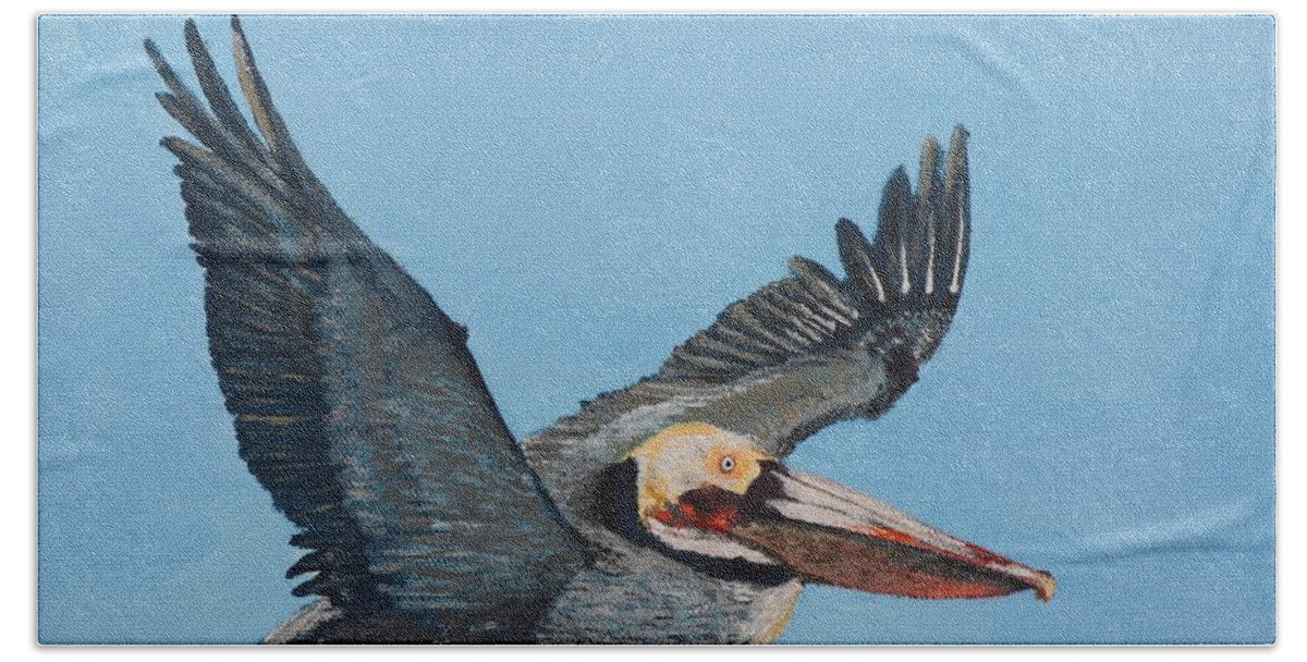 Pelican Hand Towel featuring the painting Petey the Pelican by Mike Jenkins