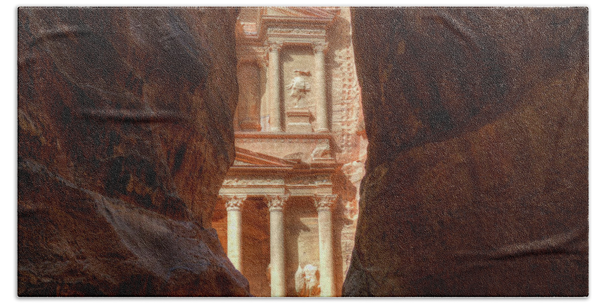 Petra Bath Towel featuring the photograph Petra Treasury Revealed by Nigel Fletcher-Jones