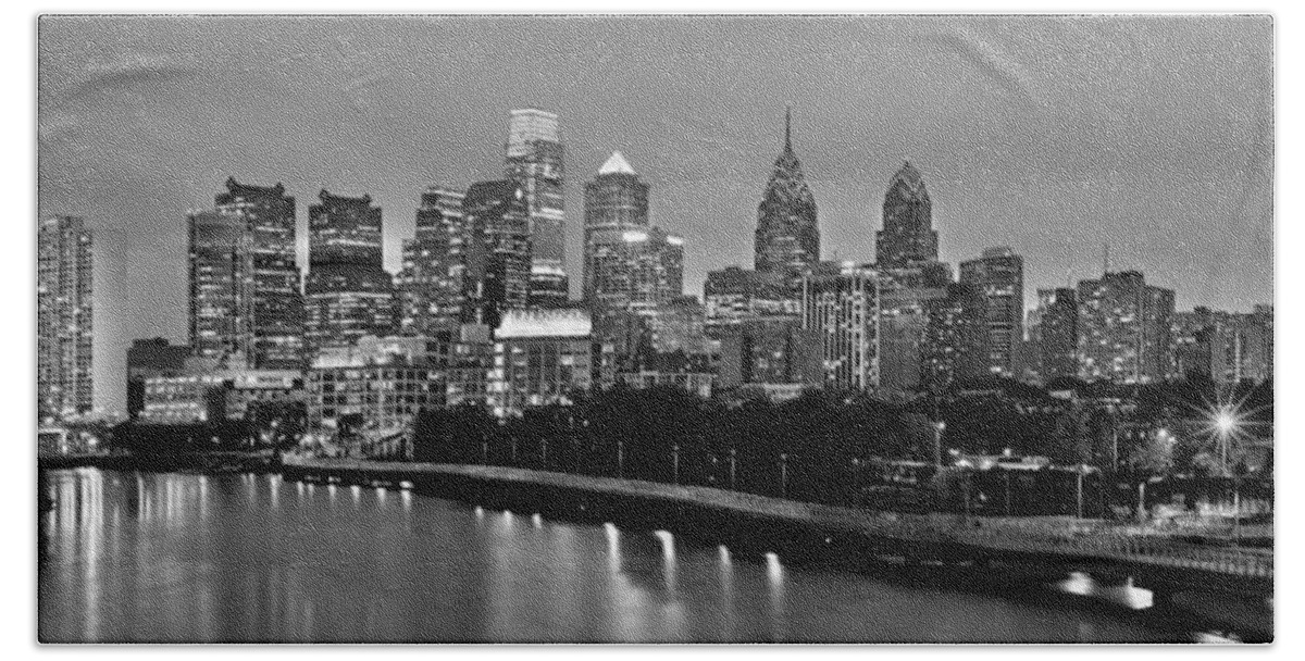 Philadelphia Skyline Dusk Hand Towel featuring the photograph Philadelphia Philly Skyline at Dusk from near South BW Black and White Panorama by Jon Holiday
