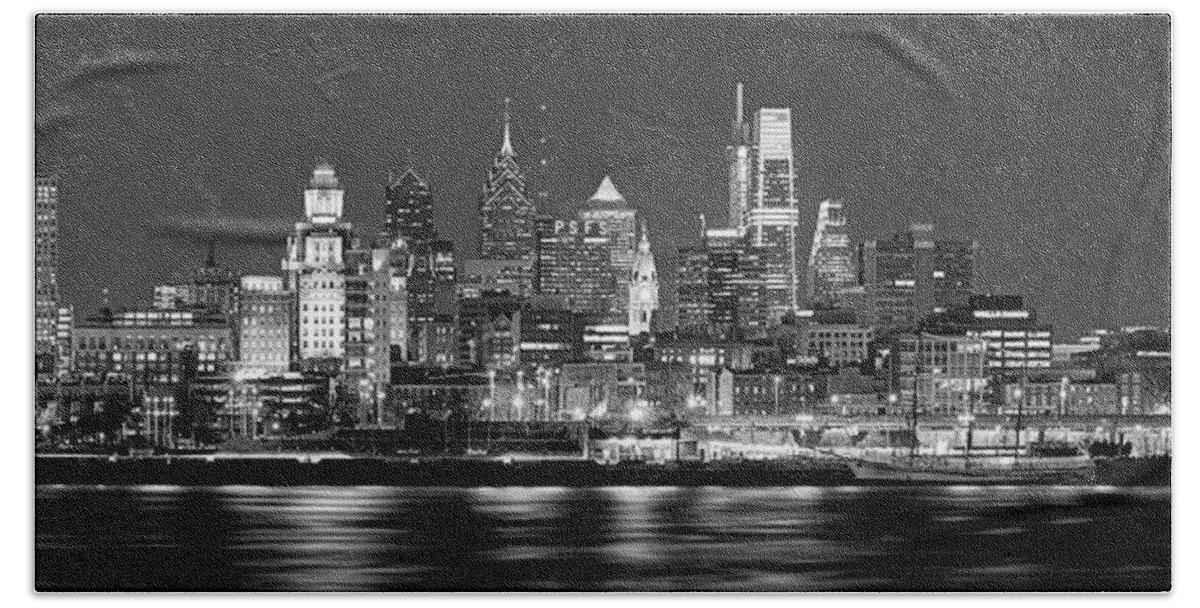 Philadelphia Skyline At Night Hand Towel featuring the photograph Philadelphia Philly Skyline at Night from East Black and White BW by Jon Holiday