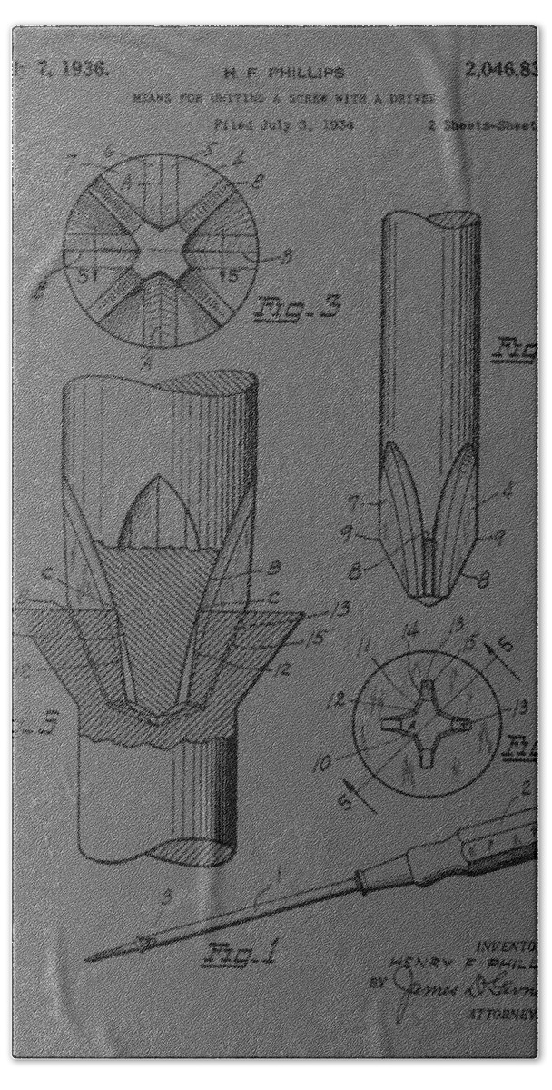 Phillips; Screwdriver; Patent; 1934; Tools; Screw; Invention; Fashion; Designer; Design; Abstract; Brand; T-shirt; Hoodies; Patent Illustration; Crafts; Blueprint; Collectable; Vintage Patent; Nostalgia; Technical Illustration; Patent Drawing; Exclusive Rights; Rights; Drawing; Illustration; Presentation; Vintage; Gift; Diagram; Antique; Patentee; Men's; Men; Women; Women's; Boy; Girl; Patent Application; Home Decor; Grunge; Distress; Parchment; Old; Graphic; Chris Smith Bath Towel featuring the photograph Phillips Screwdriver Patent 1934 by Chris Smith