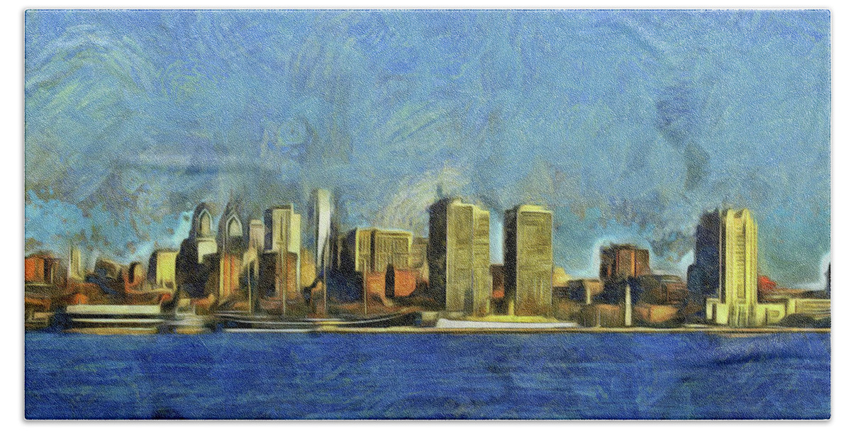 Philly Bath Towel featuring the mixed media Philly Skyline by Trish Tritz