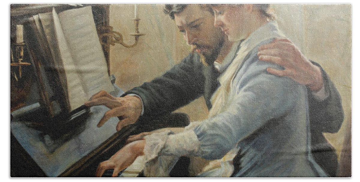 Albert Edelfelt Hand Towel featuring the painting Piano Lesson by Celestial Images