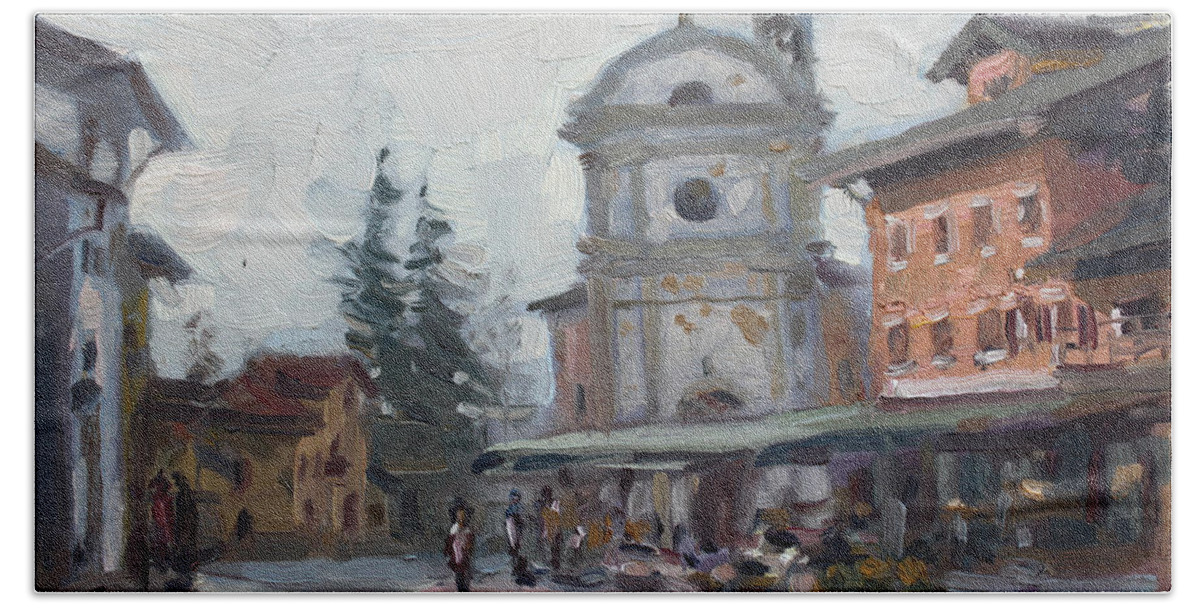 Piazza Hand Towel featuring the painting Piazza di Limana by Ylli Haruni