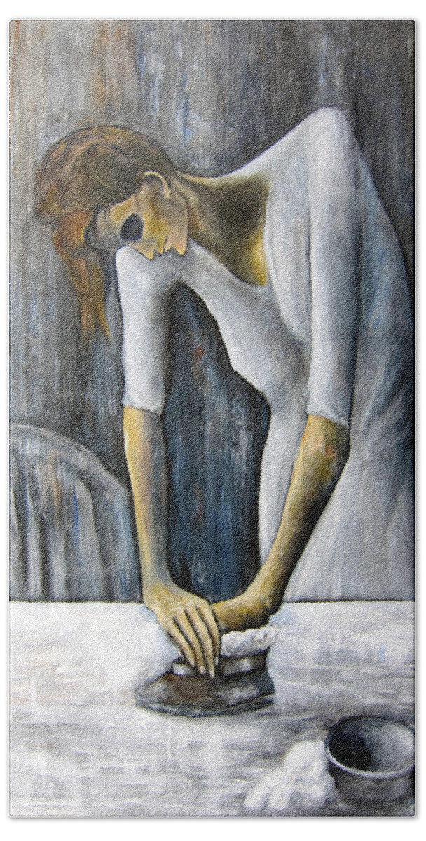 Picasso Paintings Bath Towel featuring the painting Picasso's Woman Ironing by Leonardo Ruggieri