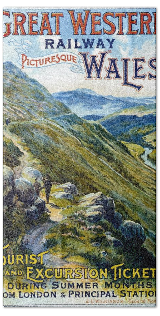 Wales Hand Towel featuring the painting Picturesque Wales - Landscape painting - Great Western Railway - Vintage Poster by Studio Grafiikka