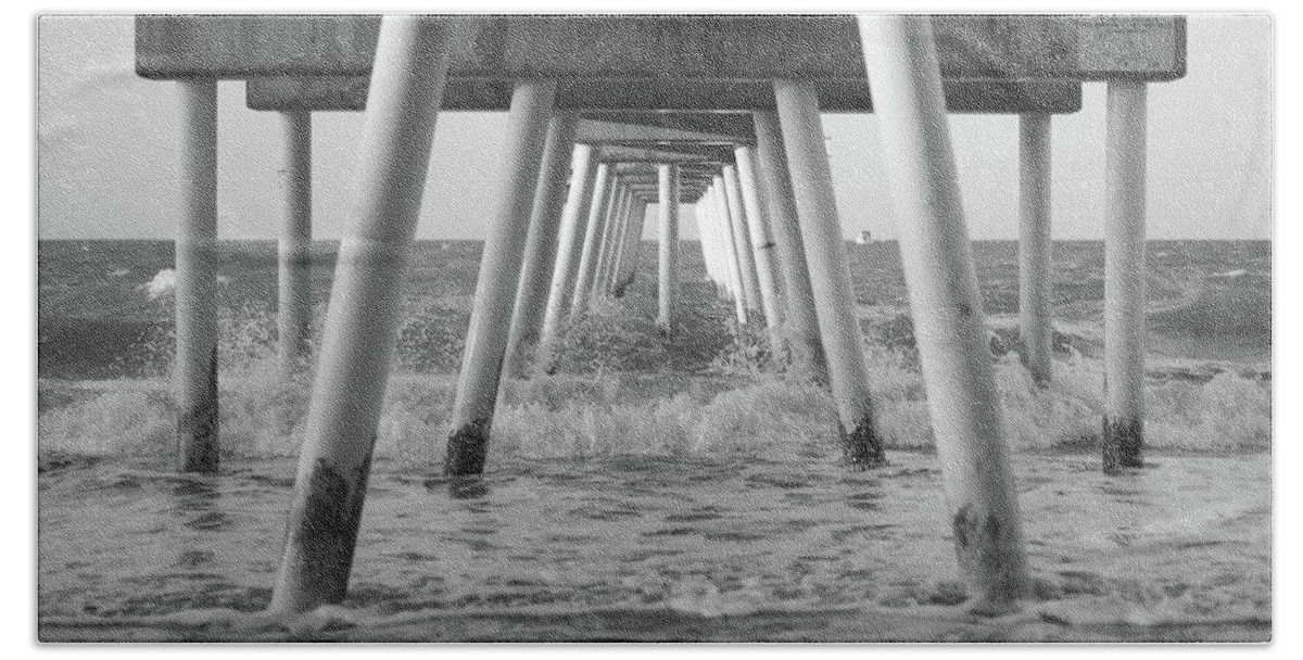 Hervey Bay Hand Towel featuring the photograph Pier in Surf by Ivan Franklin